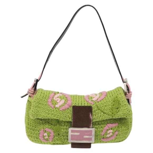 FENDI Mamma Baguette Shoulder Bag Wool Green Silver - Picture 2 of 13